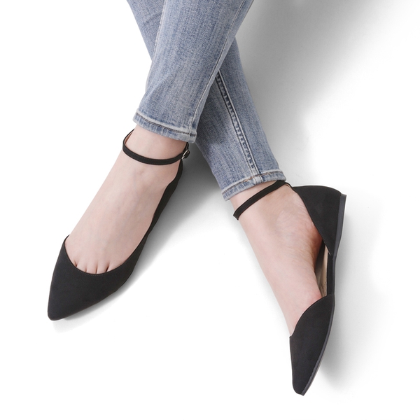 Pointed Toe Ankle Strap Ballet Flats Shoes - BLACK SUEDE - 1